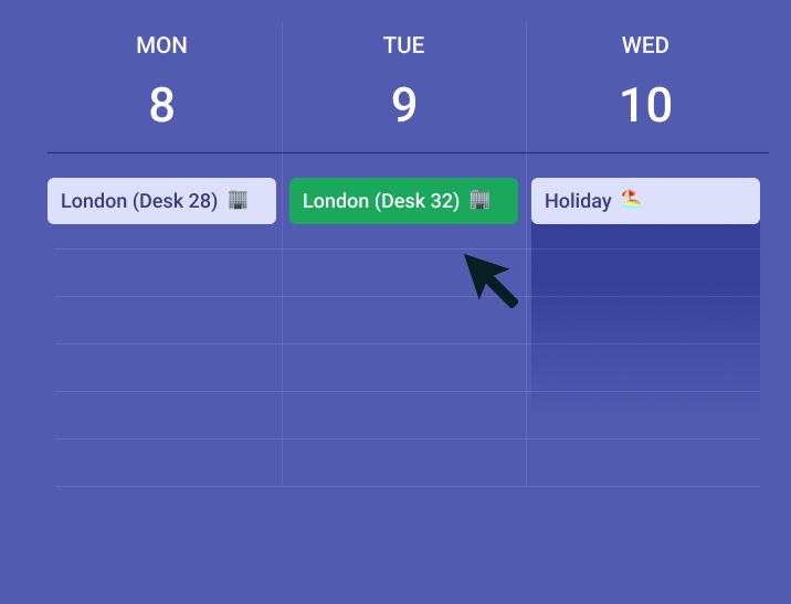 A week view with desk bookings and a holiday synced to the calendar