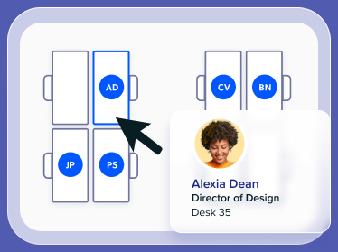 An interactive floor plan with Alexia Dean booked onto Desk 35