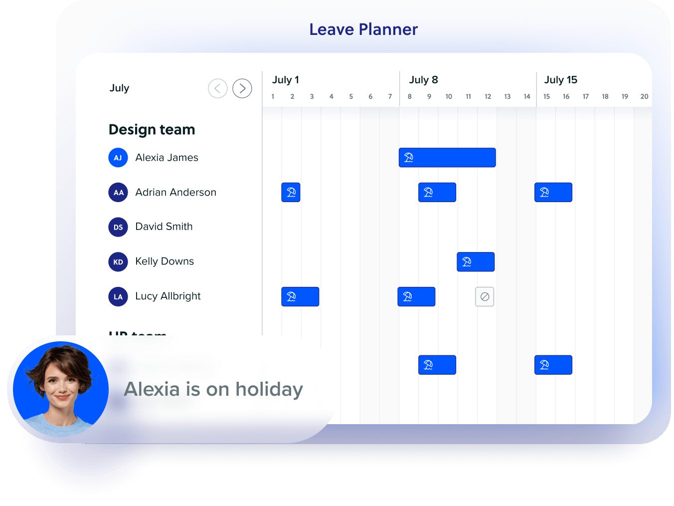Leave planner showing team holidays