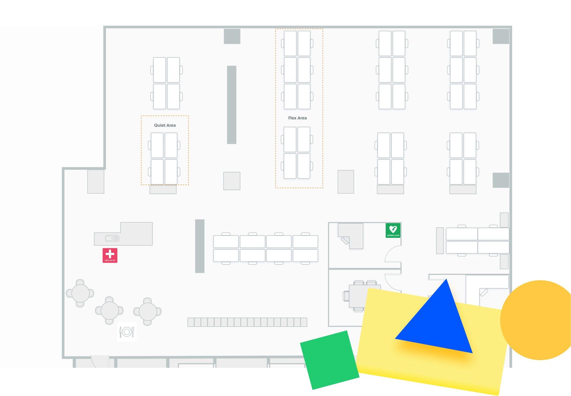 Example office floor plan with rows of desks, a quiet area and a flex area