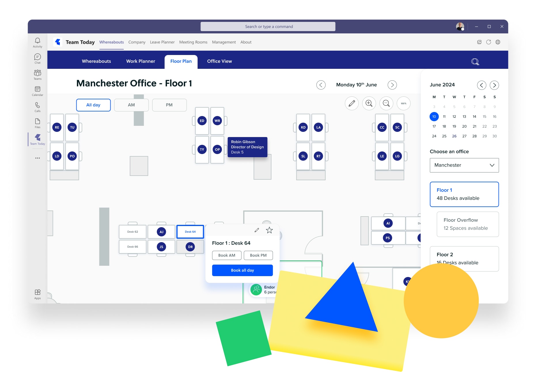 Floor plan view in the Teams app with a desk selected and Book AM, Book PM and Book all day buttons