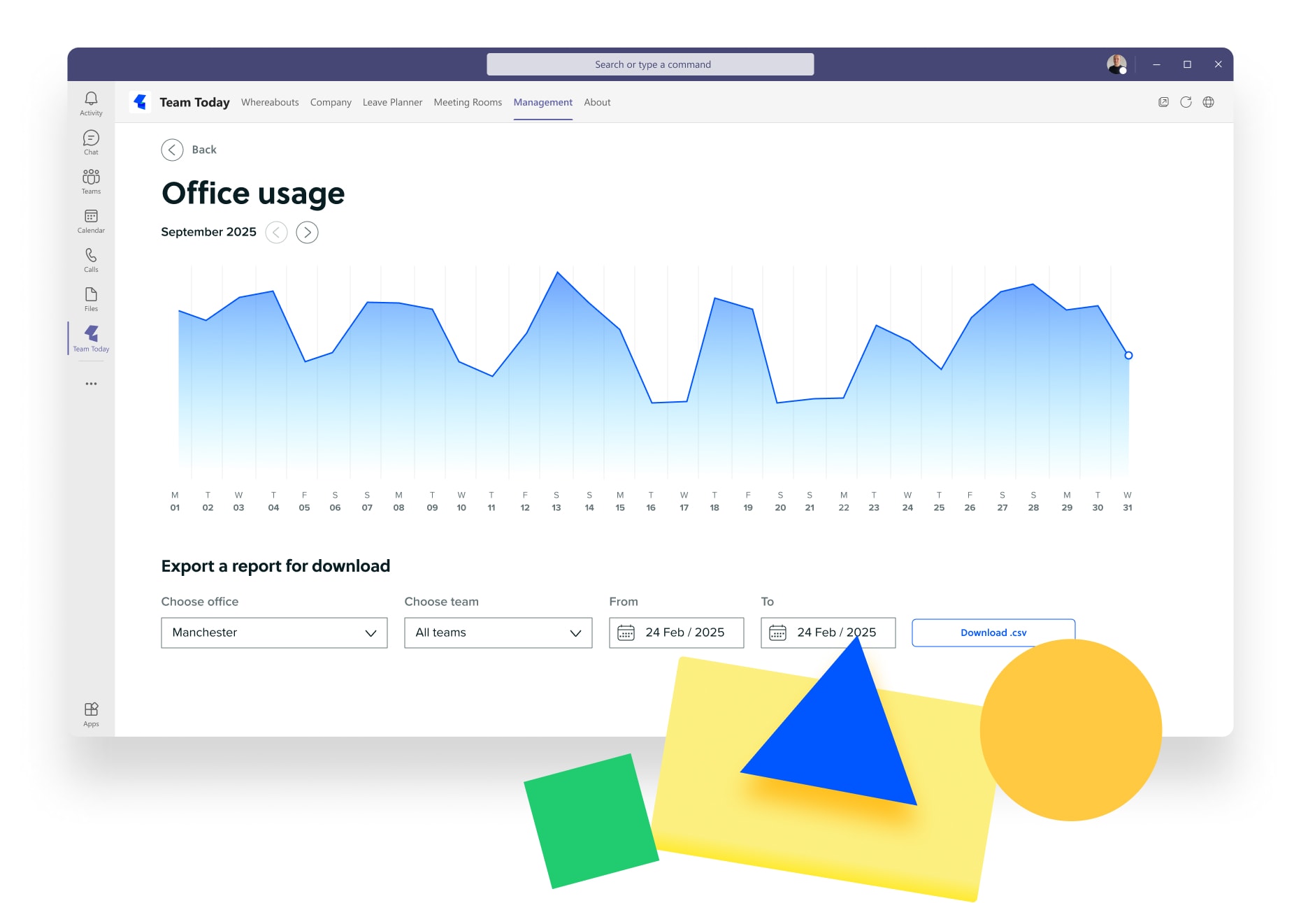 Office usage report showing daily office usage for a month and options to export a report